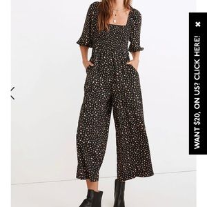 Lucie Elbow-Sleeve Smocked Wide-Leg Jumpsuit in Stem Scatter
